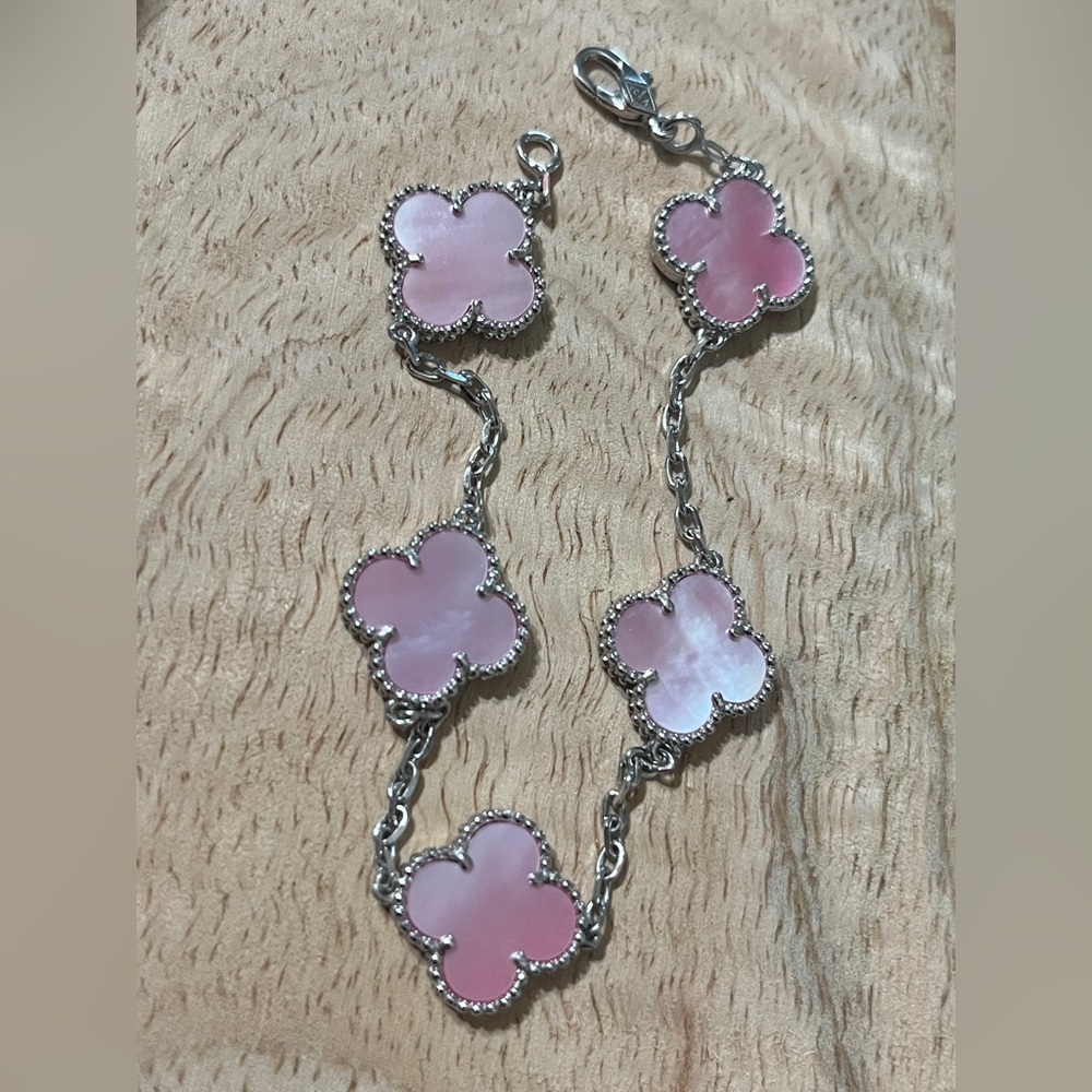 925 silver  Clover pink Charm Bracelet 7.5 in NEW - Picture 5 of 11